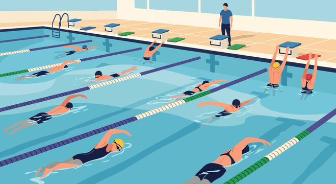 Swimming lesson with instructor and children in pool, active lifestyle