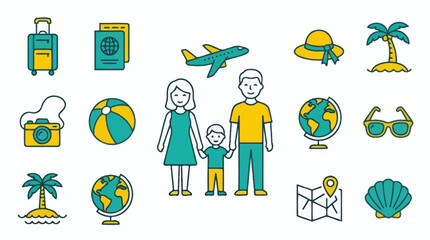 Fototapeta premium Family vacation and travel icons set on white background.