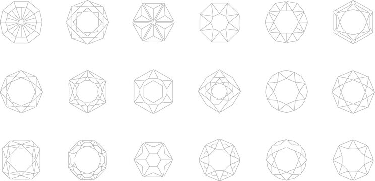 Set of 18 minimalist outline icons featuring various gemstone diamond cuts and geometric crystalline patterns with intricate facet details on a clean white background.
