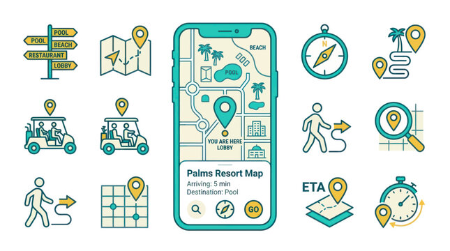 Hotel resort map application and transportation navigation icons set.