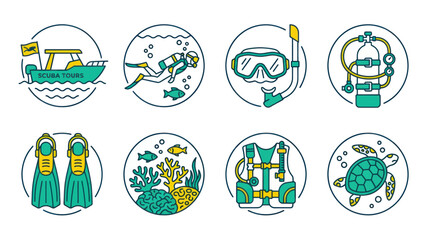 Scuba diving and snorkeling water sports activity icon set. © rodin