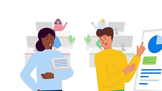 HR Managers or Recruiters Brainstorming over Candidate Profiles and Data Charts Animation