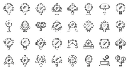 Fototapeta premium Set of 32 minimalist black outline icons depicting various styles of mirrors, magnifying glasses, and optical lenses for grooming and beauty applications on white background.