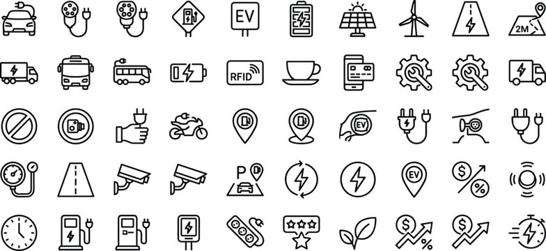 Minimalist black and white vector icon set of electric vehicle charging, smart transport, renewable energy, EV stations, and energy management symbols