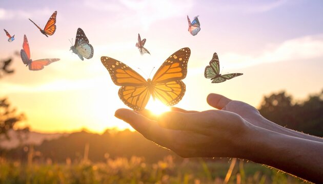 Hand Releasing Butterflies into Sunset Sky.