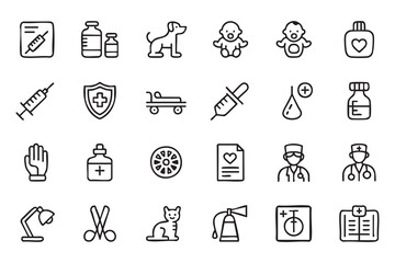 Fototapeta premium Pet Healthcare Line Icon Collection for Veterinary Clinics Vaccination and Animal Wellness