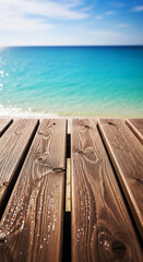 Obraz premium Close-up of a wooden pier leading to a vibrant blue ocean and sky, symbolizing travel, relaxation, and summer escape