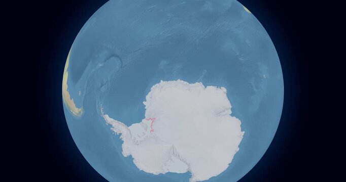Antarctica on Globe. Zoom into the country with Earth spinning on dark background. Physical world map with Antarctica and label on it. Country view animation.