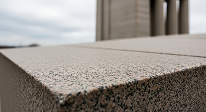 Close-up textured surface of a speckled granite stone with an architectural structure in the background