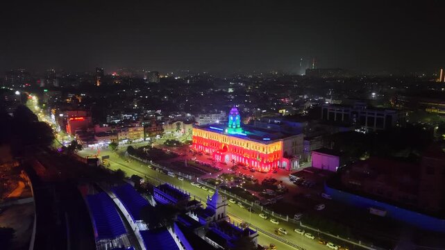 Aerial Night View of Ripon Building and Greater Chennai Corporation