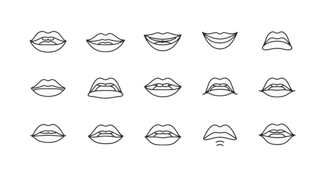 Collection of 15 minimalist black outline icons depicting human mouth and lip shapes in various positions for speech, smiling, and phonetic expressions on a white background.