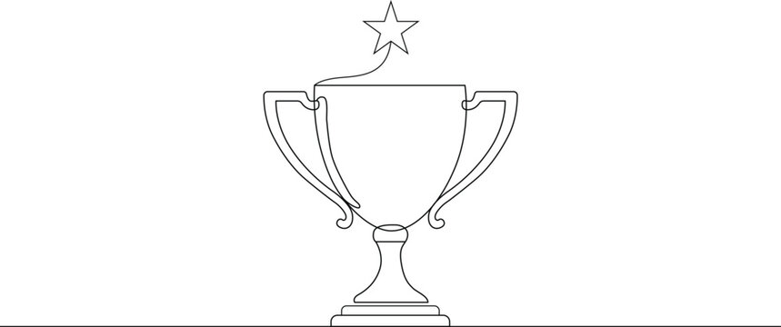 Continuous line drawing of a trophy cup with a star. ple outline editable stroke. Hand made vector illustration