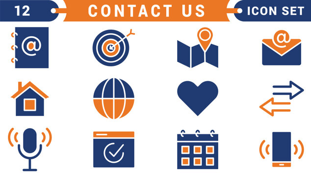 Contact Us icons in line style. Web and mobile icon. Chat, point, chat, support, message, phone, globe, call, info collection. Editable stroke. Vector illustration.