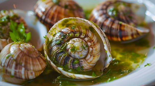 Gourmet escargot dish with garlic herb sauce on a white plate