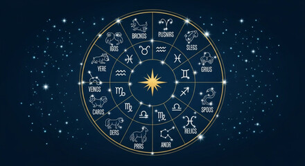 Obraz premium Mystical Zodiac Wheel on Starry Night Sky – Astrology, Horoscope & Celestial Symbols Background
