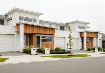 Fototapeta premium Modern white and wood houses with garages on a quiet suburban street