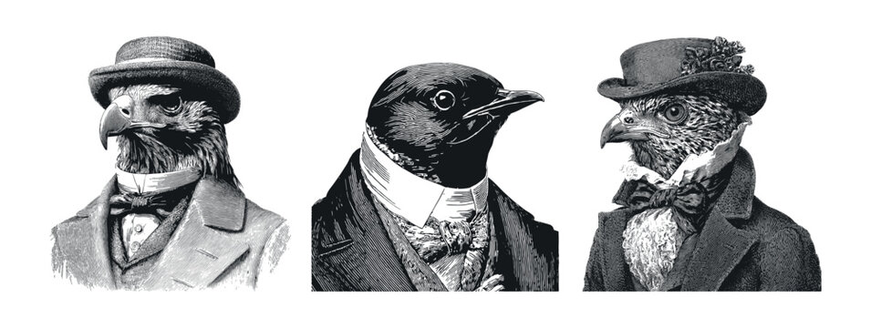 Birds suit engraving. Anthropomorphic eagle in victorian costume, vintage hat jacket bow tie falcon sparrow hawk tattoo sketch portrait black ink drawing set vector illustration