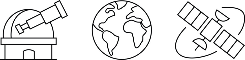 Set of three astronomy icons set featuring observatory telescope earth and satellite. Editable thin outline packs. Vector illustration © Shawon's Creation