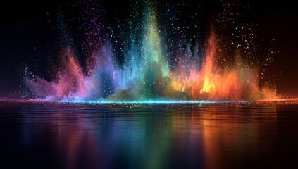 Fototapeta premium A vibrant explosion of colored particles erupts from a reflective surface, illuminated against a dark background, creating dynamic scene