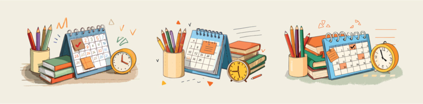Cartoon desk calendar. Alarm clock table, school home work color pencils books planner diary deadline urgent busy office time management effective hurry crayons vector illustration