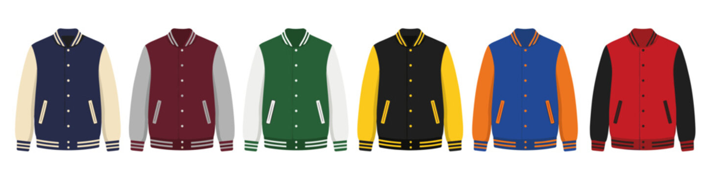 Collection of blank varsity letterman jackets vector mockup isolated on transparent background