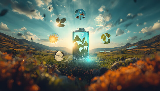 Sustainable Energy Battery Surrounded by Nature Icons Eco Power Storage Concept Illustration