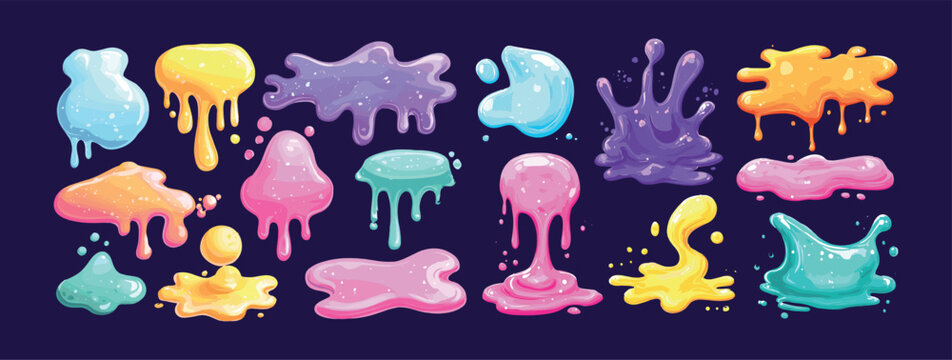 Cartoon sticky slime. Glue jelly splash blob, color glitter gum ooze sludge green pink orange blue splat drip blot goo isolated phlegm mucus drop slimes liquid vector illustration