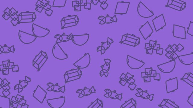 Purple geometric pattern with cubes, candies, semicircles icons. Suitable for candy shop branding, digital backgrounds, and textile design.