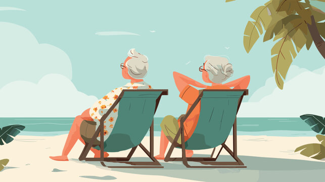 Elderly couple beach. Old man senior woman sunbathing deckchair white sand seashore tropical island palm leaves happy retirement elder relaxing summer vacation vector illustration