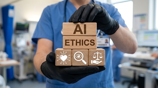 Healthcare professional holding wooden blocks with ai ethics text and icons in a hospital setting