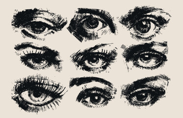 Obraz premium Eyes brush sketch. Eye vision hand pencil drawing, open closed eyeball abstract draw black paint art eyelash brows beauty eyebrow crayon chalk grunge charcoal vector illustration