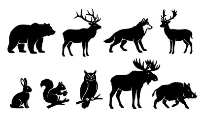 Fototapeta premium Woodland Wildlife Silhouette Vector Collection with Forest Animal Shapes