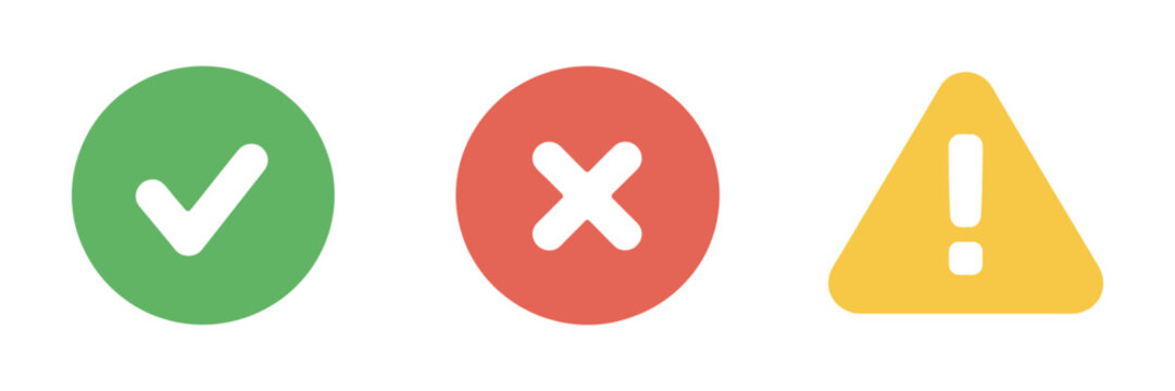 Status Icons Featuring Success Check Mark, Error Cross, Warning Triangle Symbols, and Interface Notification Indicators