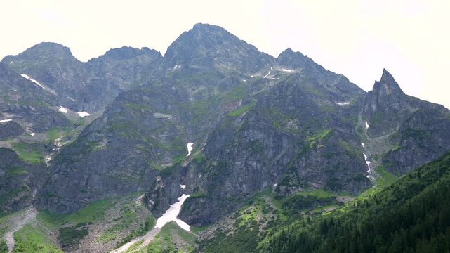 Rocky Tatra mountain peaks above Morskie Oko in Zakopane Poland