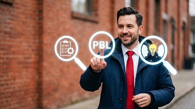 Professional man interacting with digital project based learning pbl icons in an urban setting