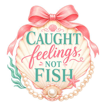 Caught feelings, not fish. Feminine fishermancore quote design with scallop shell, pink bow, pearl strand and seafoam accents. Cute coastal typography for apparel, stickers and summer decor