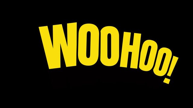 WooHoo exclamation rendered in bold yellow typography curves across a stark black background to convey excitement, energy, and a playful tone suitable for dynamic social media content or marketing.