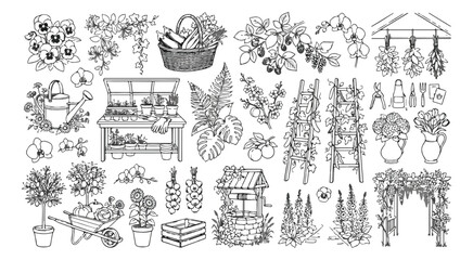 Obraz premium Vintage garden line art collection, hand drawn botanical illustrations of greenhouse and tools, rustic gardening vector set for landscaping and floristry