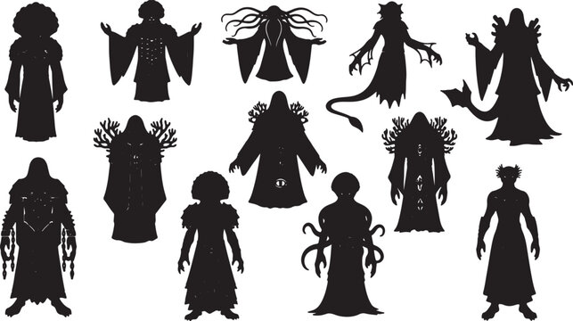 Set of black vector silhouettes featuring eldritch horror characters, hooded cultists, aquatic fantasy monsters, and robed figures with tentacles and fins on a white background.