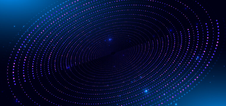 Abstract Blue Purple Dotted Spiral Tunnel Background with Glowing Particle Lights.