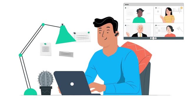 Businessman Working on Laptop and Conducting a Video Conference Call with Team Animation