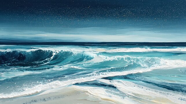 Ocean waves crashing on sandy shoreline artistic watercolor painting