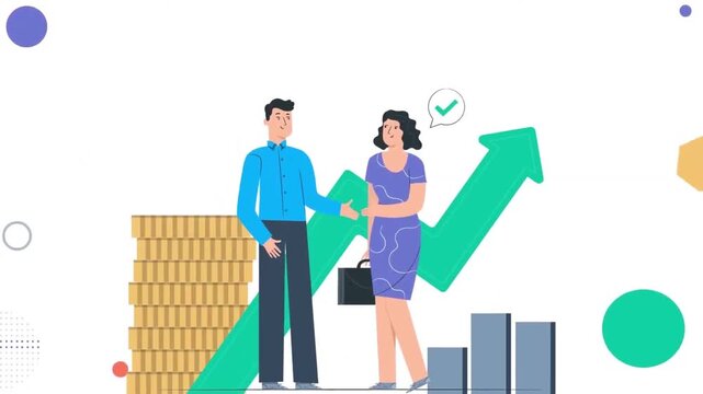 Happy Business Partners Celebrating Growth near Money Stacks and Green Arrow Animation