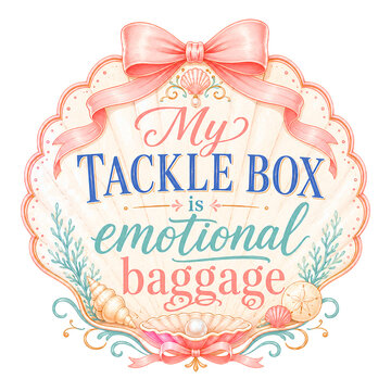 My tackle box is emotional baggage Sarcastic quote artwork with ornate shell frame, blush ribbon, pearl accents and soft pastel details. Feminine fishermancore design for prints, shirts and stickers