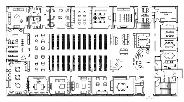 Library floor plan with study areas and meeting rooms