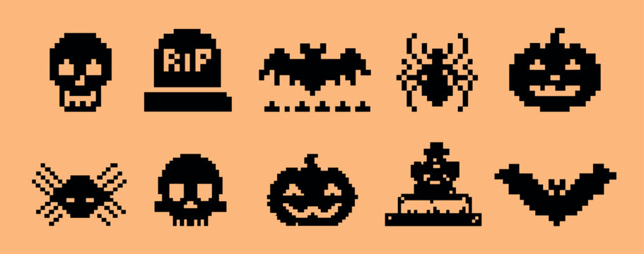 Halloween pixel black icons. 8 bit monsters silhouettes, pumpkin bat skull spider coffin grave tomb pixel art arcade 2d game retro sign autumn gaming ui vector illustration