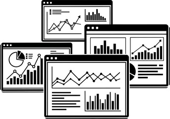 Fototapeta premium Multiple computer windows displaying various business data charts and financial graphs