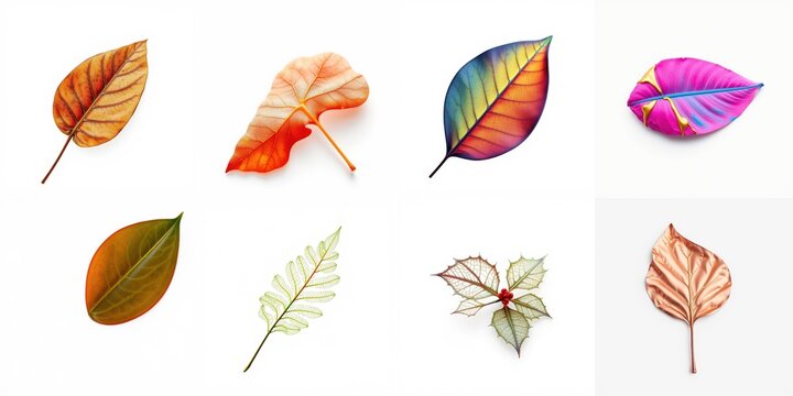 Colorful autumn leaves displayed. Variety exists within shapes, sizes, hues. Delicate veins visible throughout each specimen.