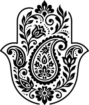 Ornate hamsa hand symbol with detailed floral paisley patterns