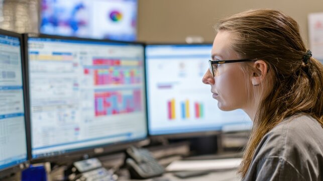Woman working with multiple computer screens analyzing data and charts